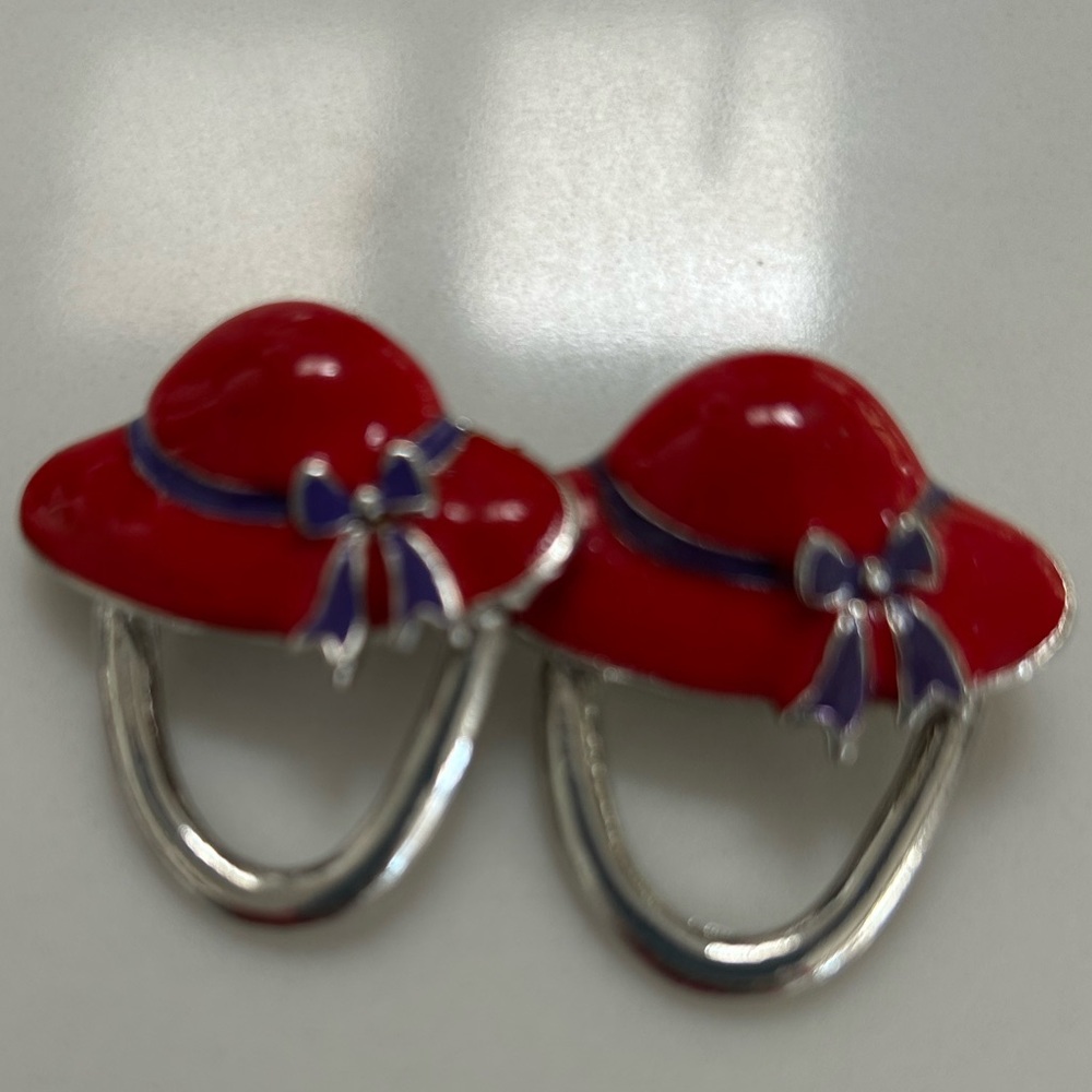 2 Red Hat Society Enamel Silver Tone Eyeglass Holder Pins. (No bracelet)